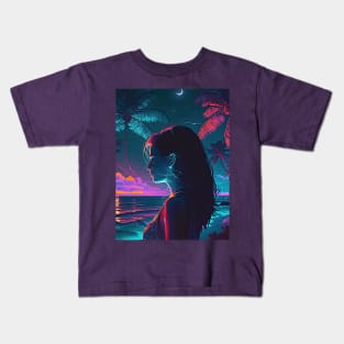 Beautiful Girl Looking at the ocean ona wonderful beach Kids T-Shirt